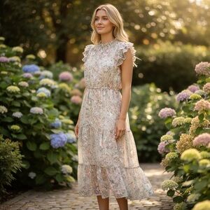 Hayden Floral Midi-Maxi Dress Pink, Green, Purple Cottage Core Whimsical Size S